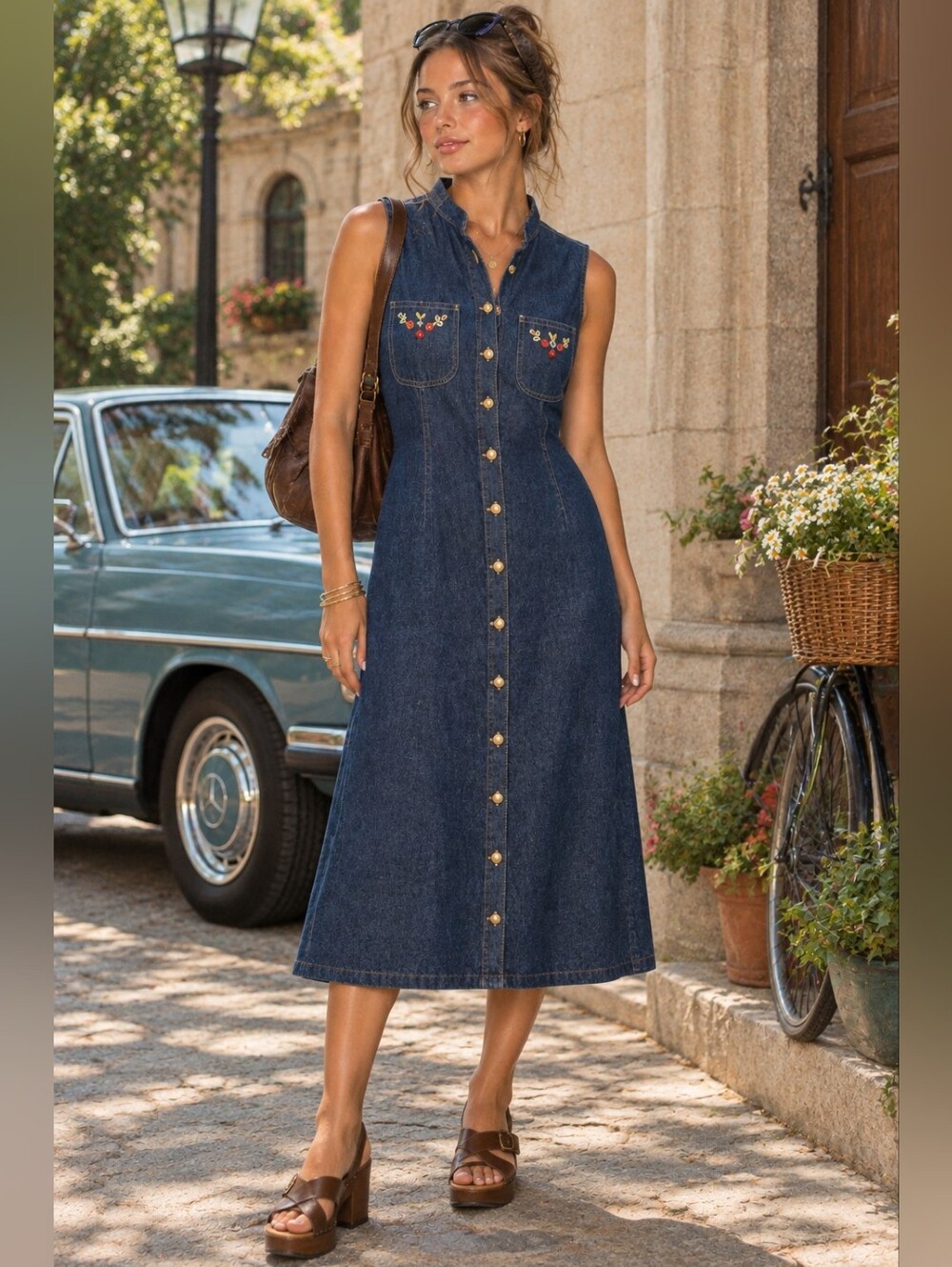 Vtg Y2K Womens M  DARK Denim Dress Embroidered floral classic 90s Lux